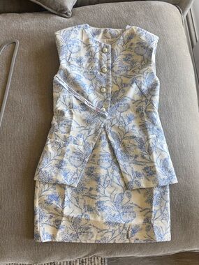 Amanda Uprichard Blue and Cream vest with pearl buttons SET